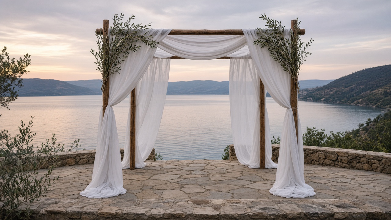 Wooden chuppah with white cloth above the lake