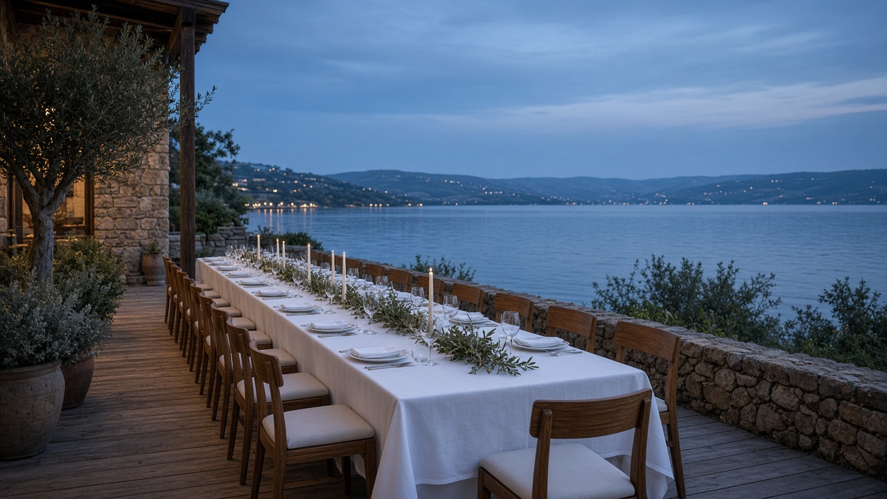 Dusk light on the lakeside terrace