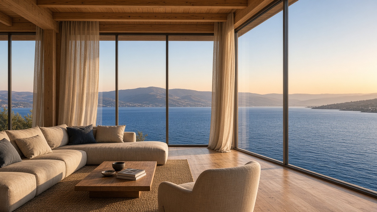 Oak loft living room with floor-to-ceiling glass over the Sea of Galilee