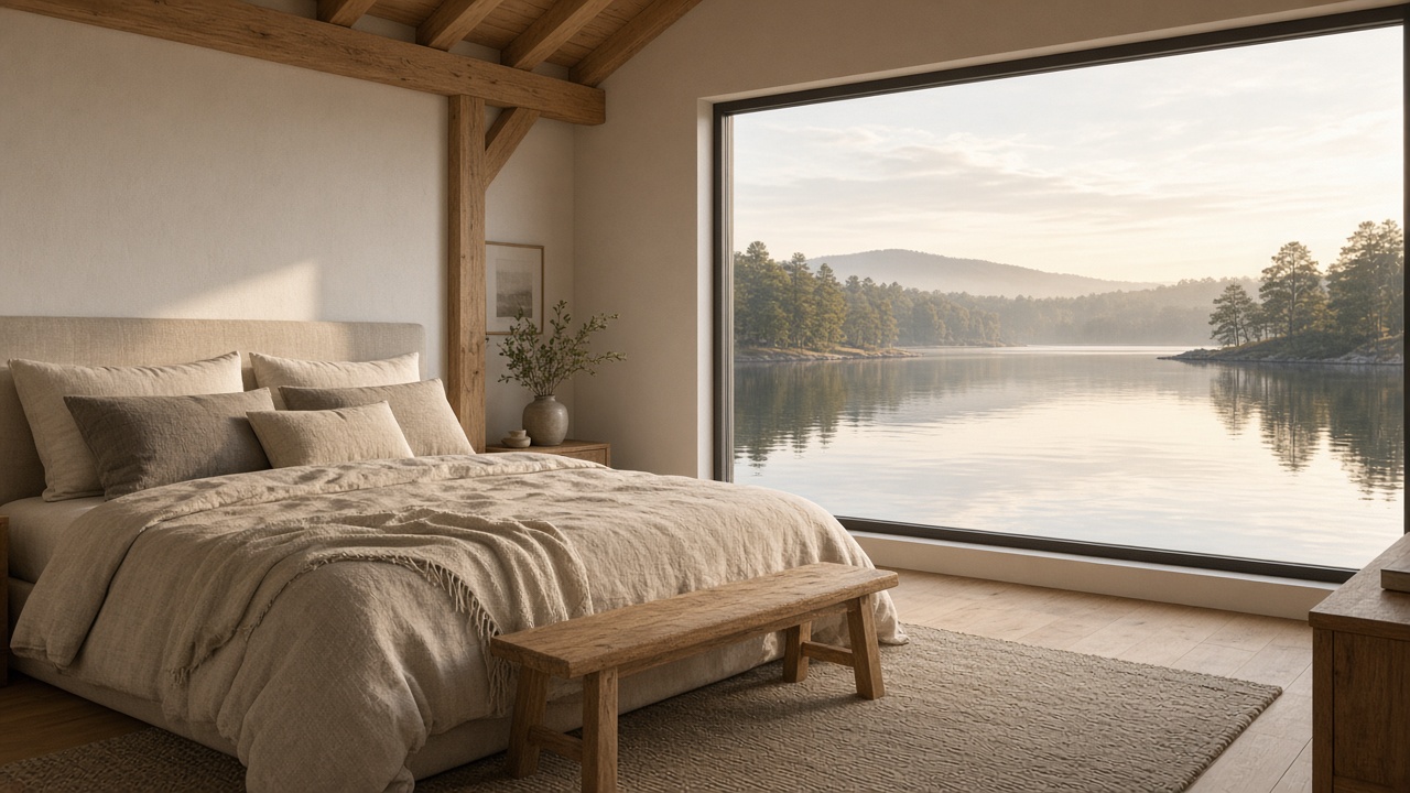 Bedroom with a wide lake window